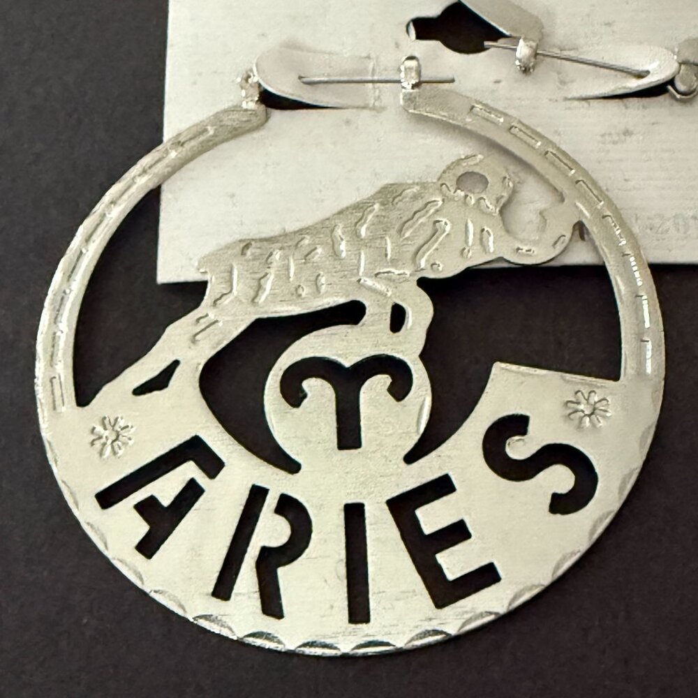 NOC Zodiac Aries Earrings Silver Round Cutout Textured Design Astrology Jewelry - Picture 3 of 6